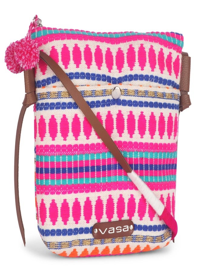 VASA Multi Pink Handwoven Cotton Sling Bag, Multi-coloured Geometric Pattern - Image 2